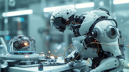 Fototapeta premium A humanoid robot working on a futuristic device in a laboratory setting.