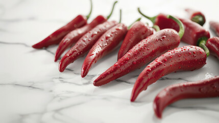 vibrant red chili peppers arranged on a white marble surface