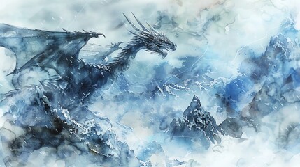 A powerful dragon soars through the misty mountains.