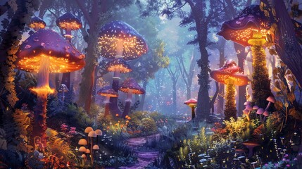 Obraz premium Magical forest with glowing mushrooms and a mysterious path