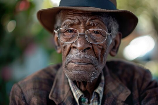 Close up of a serious senior african american man wearing a hat and glasses