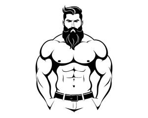 Fototapeta premium muscular bearded bodybuilder, black and white, detailed people silhouette graphic for logo badge and creative print design.
