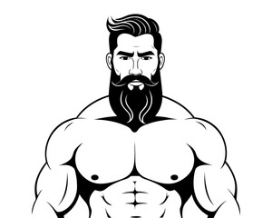 portrait of a bearded muscular bodybuilder. black and white silhouette illustration. strong man fitness icon or logo template. 