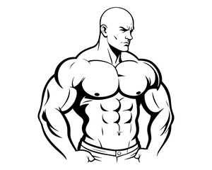 Fototapeta premium portrait of a bald muscular bodybuilder. black and white silhouette illustration. strong man fitness icon or logo template. 