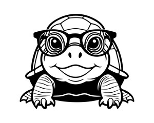 sea turtle wearing sunglasses illustration silhouette. black and white wild ocean animals cartoon mascot character design.