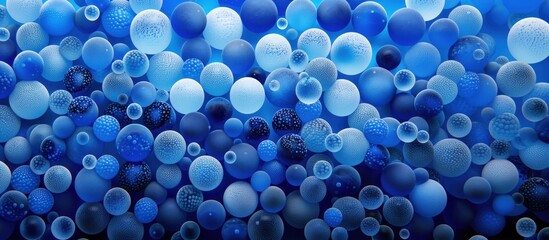 Blue spherical shapes of varying sizes create a vibrant and intricate abstract pattern. Modern design and texture concept.