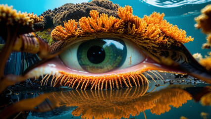 a close up of a fish eye with a flower on it