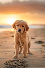 Retriever puppy walking alone on the beach at sunset.