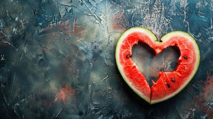 Watermelon with a heart shaped cut out on a dark background Ample space for text View from above