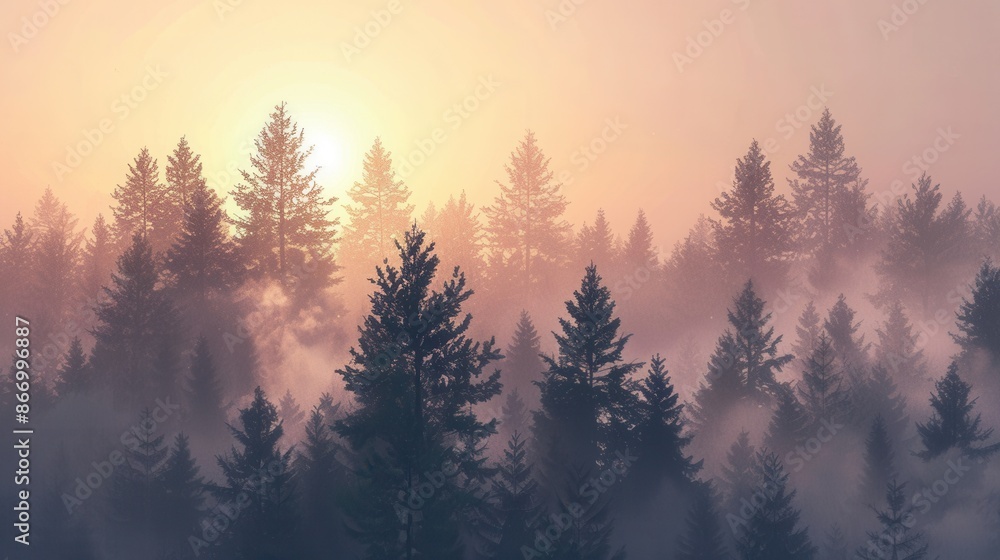 Aufkleber a serene forest landscape at dawn, bathed in golden light, with mist adding a mystical touch. genera