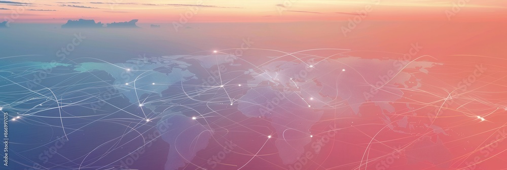 Fototapete A minimalist background featuring a world map with highlighted routes, ideal for travel agencies and global booking services. Generative AI
