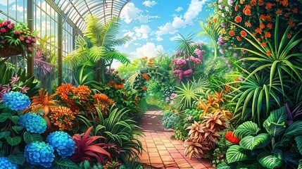 Fototapeta premium Lush botanical garden with diverse colorful flowers, plants, and sunlight streaming through glass roof, creating a serene, vibrant atmosphere.