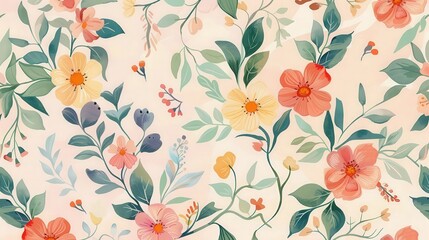 Seamless botanical floral pattern with vibrant watercolor flowers and leaves. Perfect for textiles, wallpapers, and backgrounds.