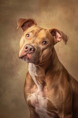 Close-up of a Pitbull dog with expressive eyes on beige background.