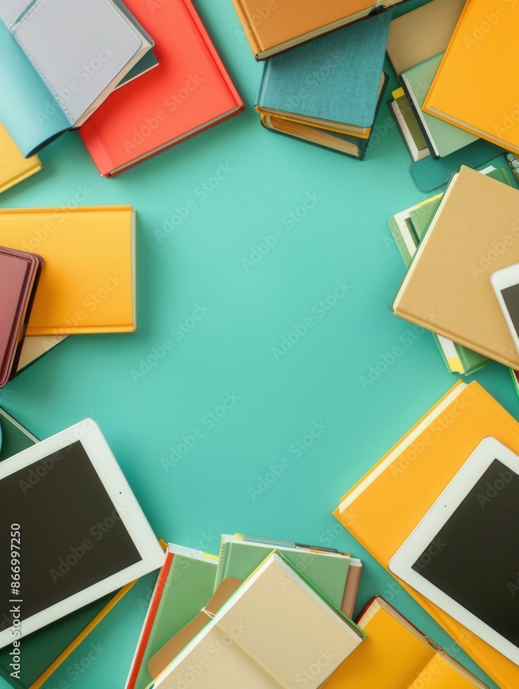 Poster A flat lay image showcasing colorful tablets and books arranged around a turquoise background. Generative AI