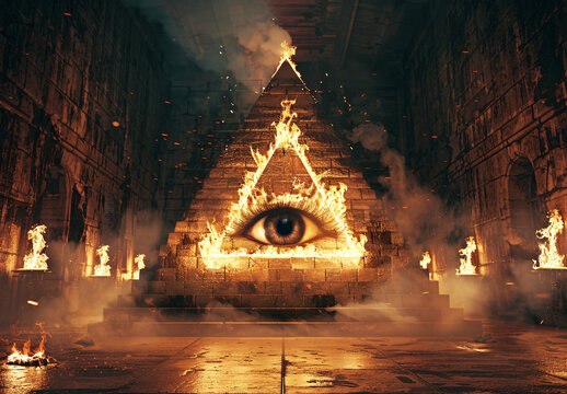 Hyper realistic illuminati pyramid with eye and fire torches