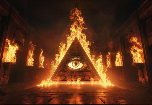Hyper realistic photo of eye in illuminati pyramid with fire torches
