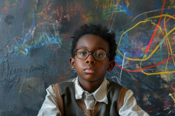 Portrait of a serious schoolboy wearing glasses with a colorful abstract painting in the background