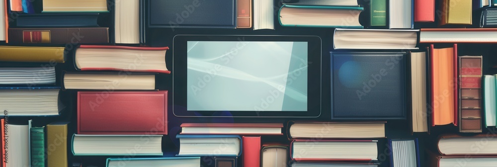 Poster A modern tablet computer surrounded by stacks of traditional books, showcasing the transition to digital learning. Generative AI