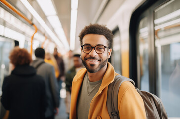 A happy young man with glasses and a backpack, standing in a subway train, smiling brightly