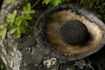 Black ceramic object standing in a black and gold ceramic plate on a rock with green plants in soft focus in the background