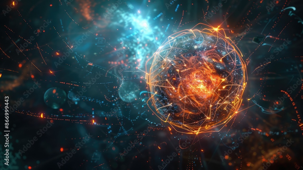 Poster abstract digital globe with orange and blue light trails. digital image of earth or planer surrounde