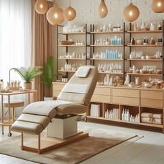 Interior of new beauty salon with spa massage table and set of skincare products ready for use