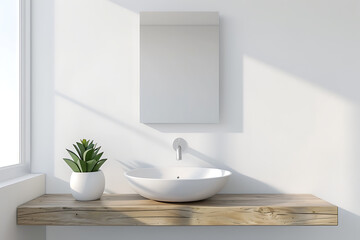 Bathroom interior with a white bathtub and a vertical poster. 3d rendering