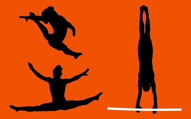 gimnasia, deportes, acrobatas, gimnastas, silueta, vectores