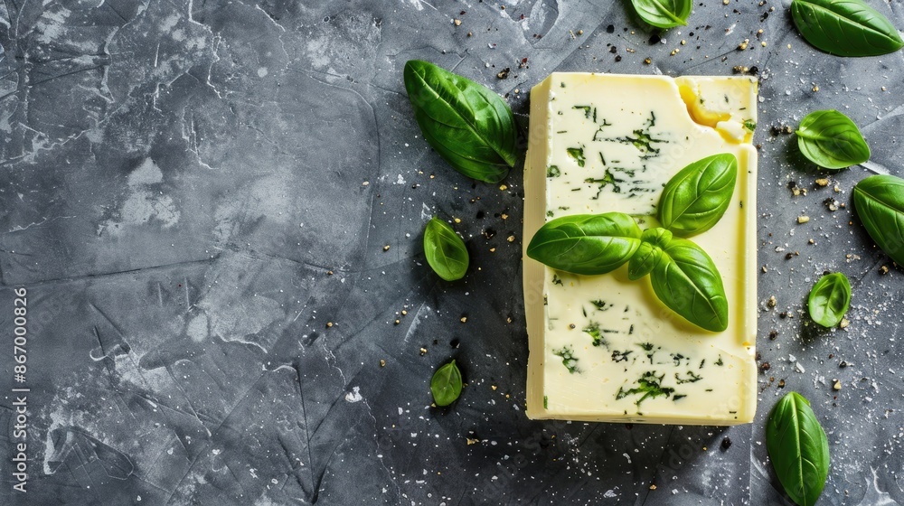 Poster tasty butter block with basil on a grey surface seen from above