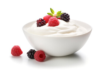 bowl of yogurt with fresh raspberries and blueberries isolated on white background