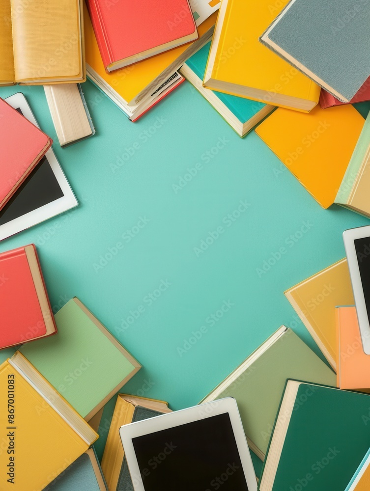 Poster an assortment of colorful textbooks and tablets surround an empty space on a teal background, symbol