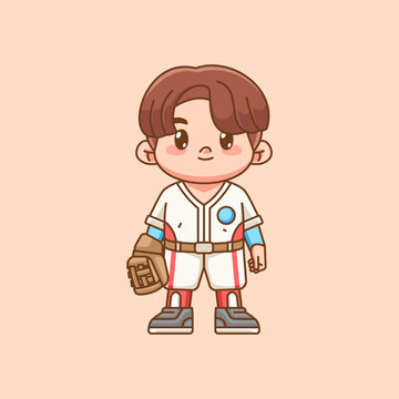 recommend clip art: Cute Baseball player with glove kawaii chibi character mascot illustration outline style design