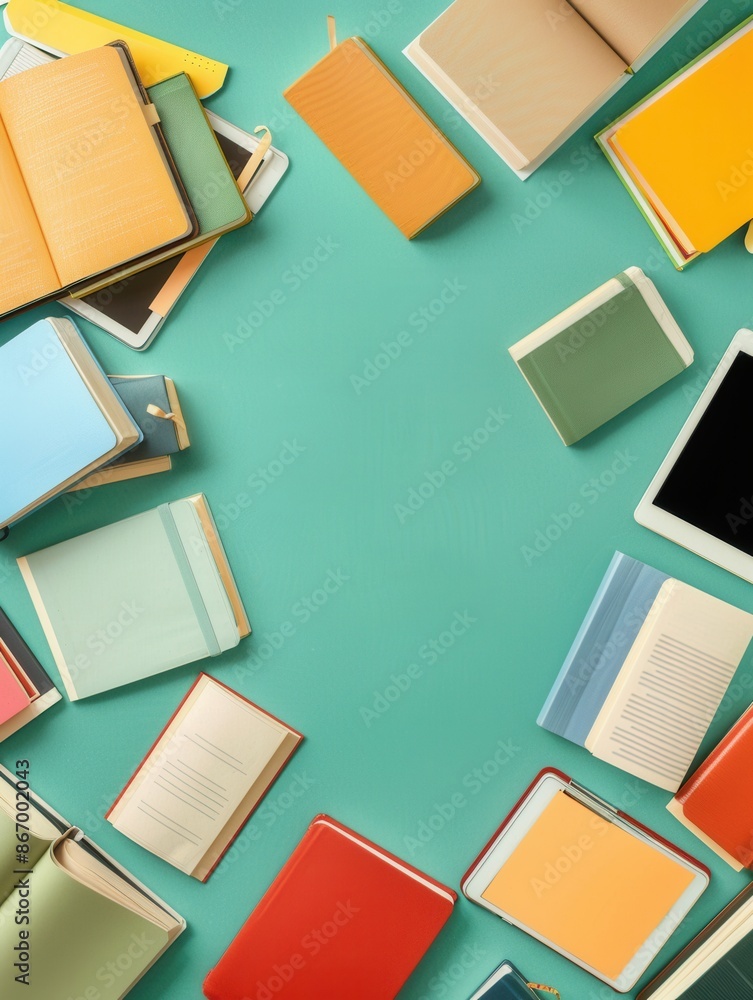 Poster a flat lay of various tablets and e-readers arranged around a green background, showcasing digital l