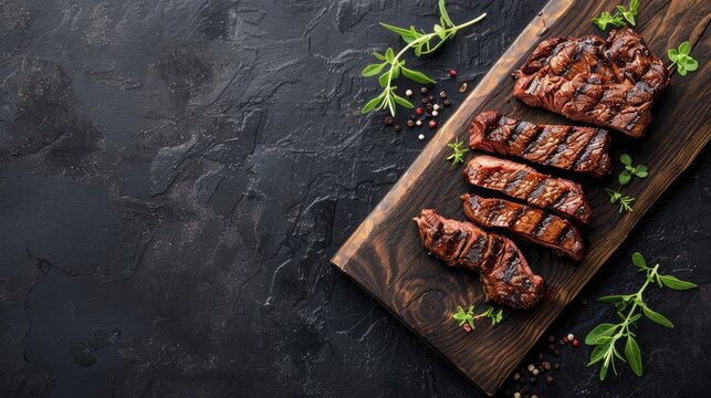 Grilled Denver steak on cutting board with BBQ beef on black background top view with space for text
