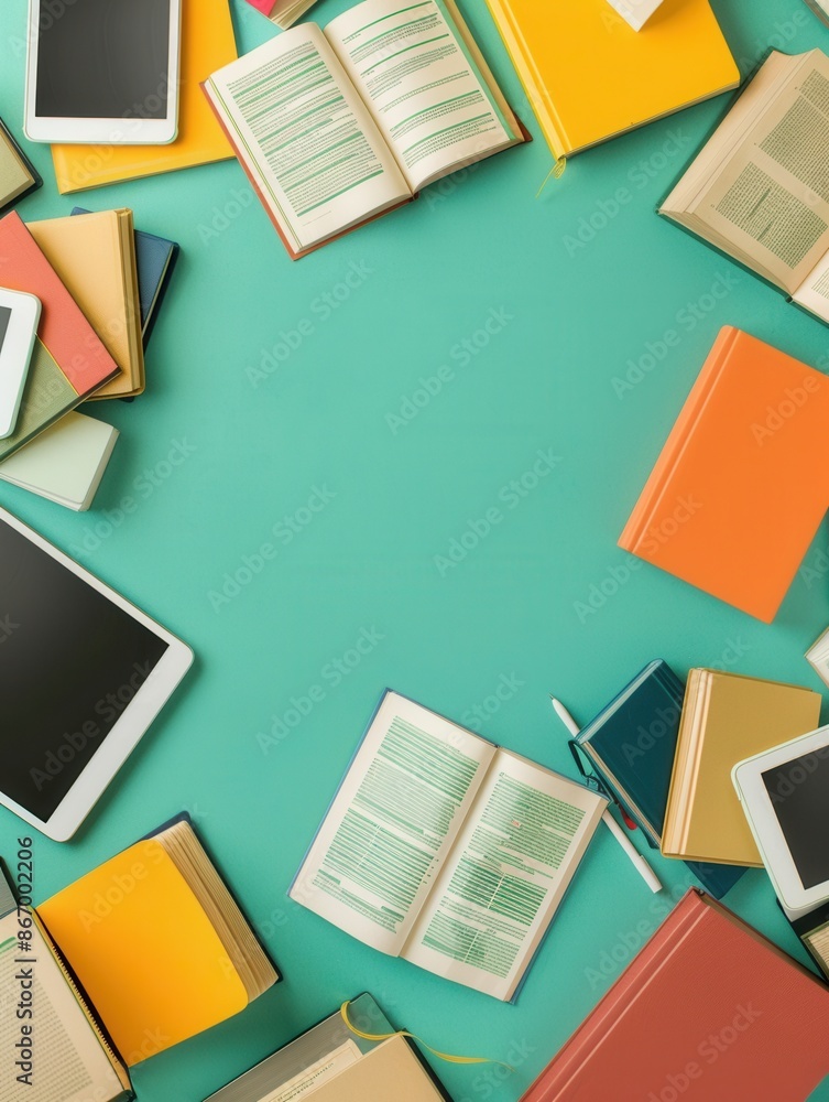 Aufkleber a flat lay of digital textbooks and tablets on a teal background showcasing modern e-learning. gener