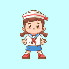 Cute girl wear sailor uniform confused kawaii chibi character mascot illustration outline style design