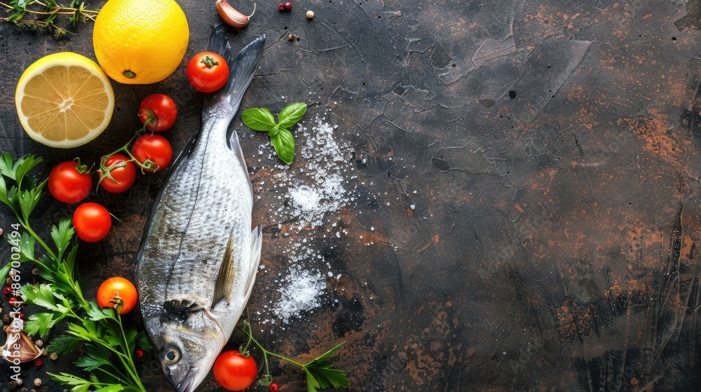 Poster fresh sea bream on rustic table top view with copy space