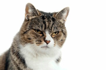 Closeup portrait of an angry cat with intense expression on white background, animal emotion and pet behavior concept