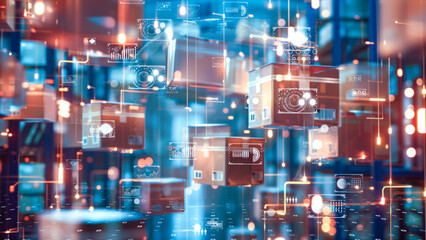 High-tech warehouse with interconnected global logistics network