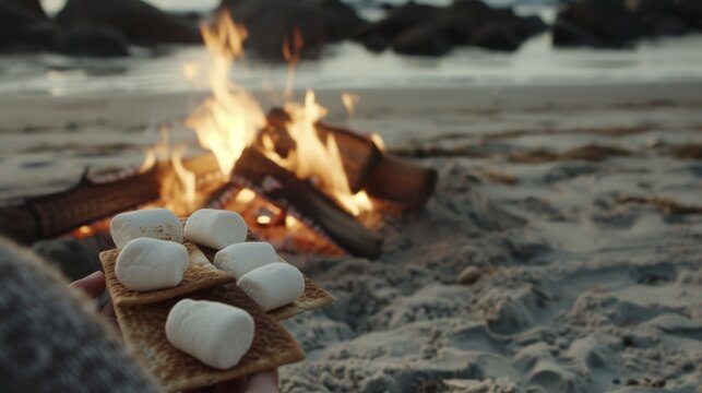 As the fire dies down marshmallows are pulled out for a classic beachside treat Smores