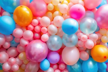 A vibrant collection of balloons in various shapes and colors creates a cheerful and celebratory atmosphere, ideal for companies organizing parties or selling festive goods. Generative AI