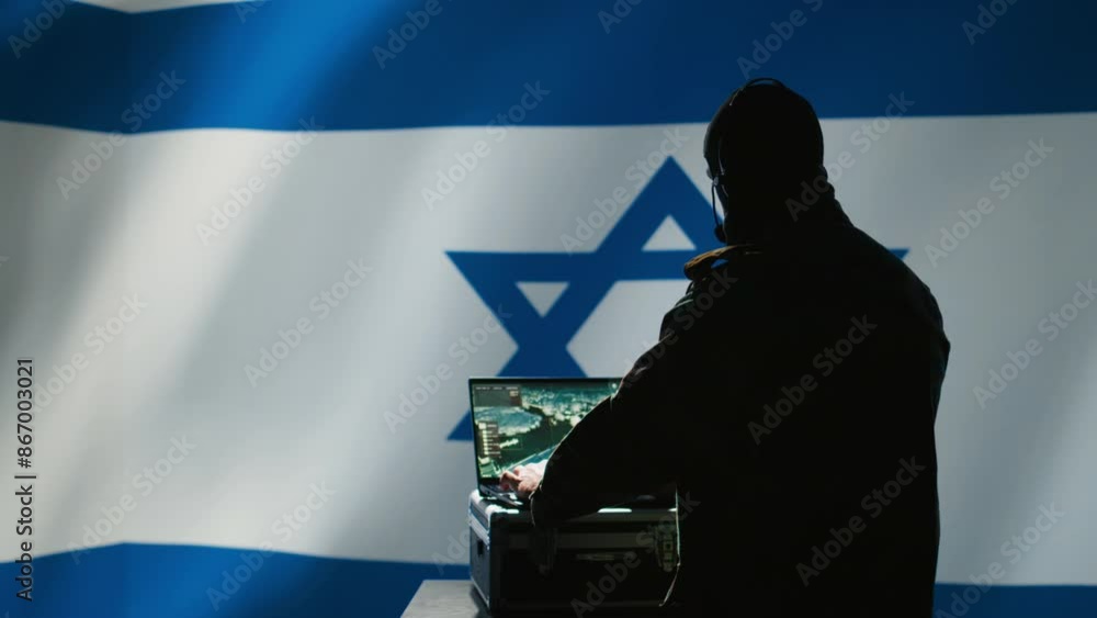 Aufkleber communication systems operator working for mossad using radio and satellite equipment, providing com