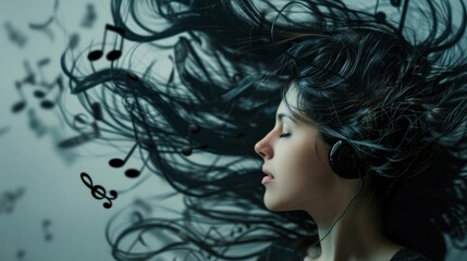 Woman enjoying the music a beautiful moment of bliss with wind blowing through her hair and music notes dancing around her