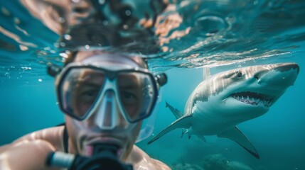A diver in a mask and snorkel looks directly at the camera while a large Great White shark swims in the background, creating a dramatic underwater encounter