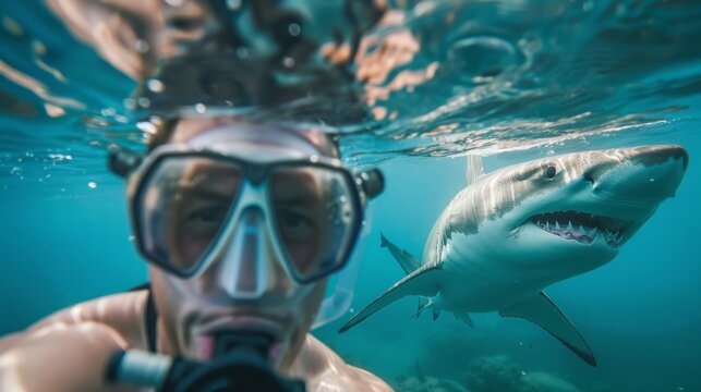 A diver in a mask and snorkel looks directly at the camera while a large Great White shark swims in the background, creating a dramatic underwater encounter