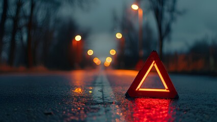 Twilight Safety: Reflective Red Warning Triangle on Asphalt Signaling Breakdown