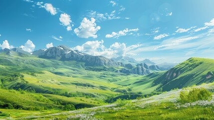 Naklejka premium A bright and colorful landscape of a mountain range with a clear blue sky and lush green meadows, capturing the beauty of nature in high detail