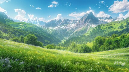 Fototapeta premium A bright and colorful landscape of a mountain range with a clear blue sky and lush green meadows, capturing the beauty of nature in high detail