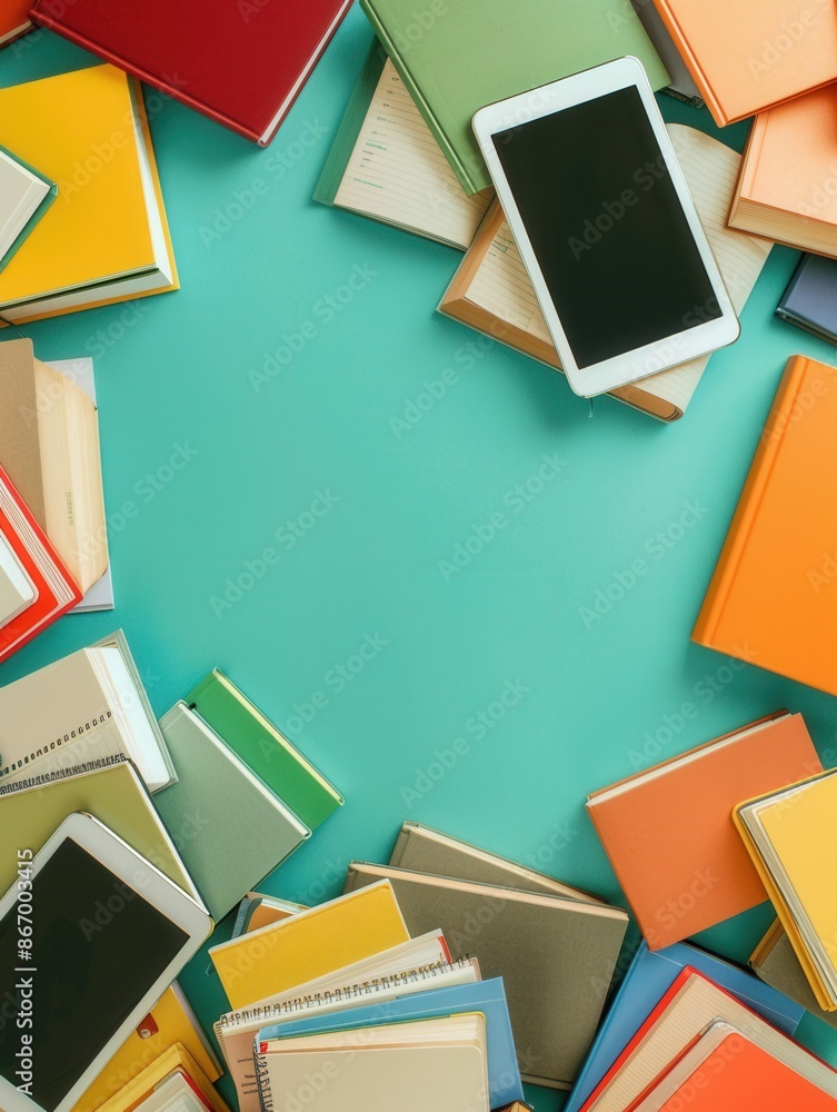 Poster colorful tablets and e-readers with educational materials and e-textbooks surround a central empty s